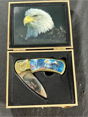 Vintage Eagle Design Metal Pocketknife Stainless Steel Blade Gold Blue Silver